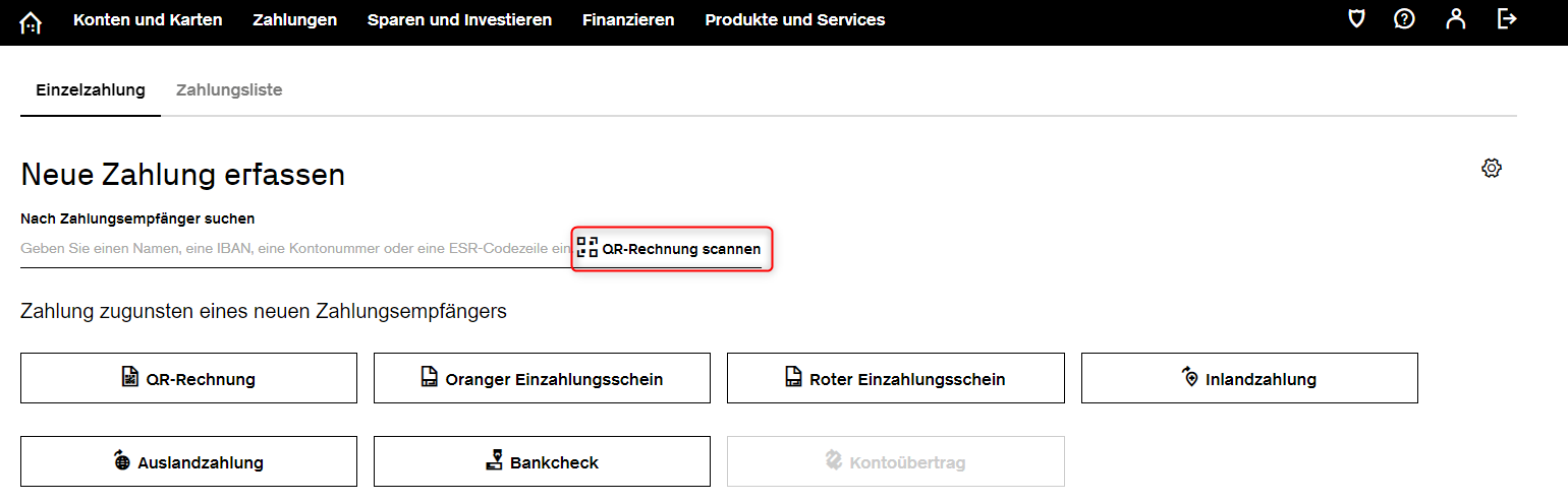 Credit Suisse mit QR Code Scanner Zahlung erfassen